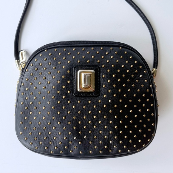 Vintage Judith Leiber Black Leather Gold Studded Red Lined Crossbody Bag Spain - Picture 7 of 16